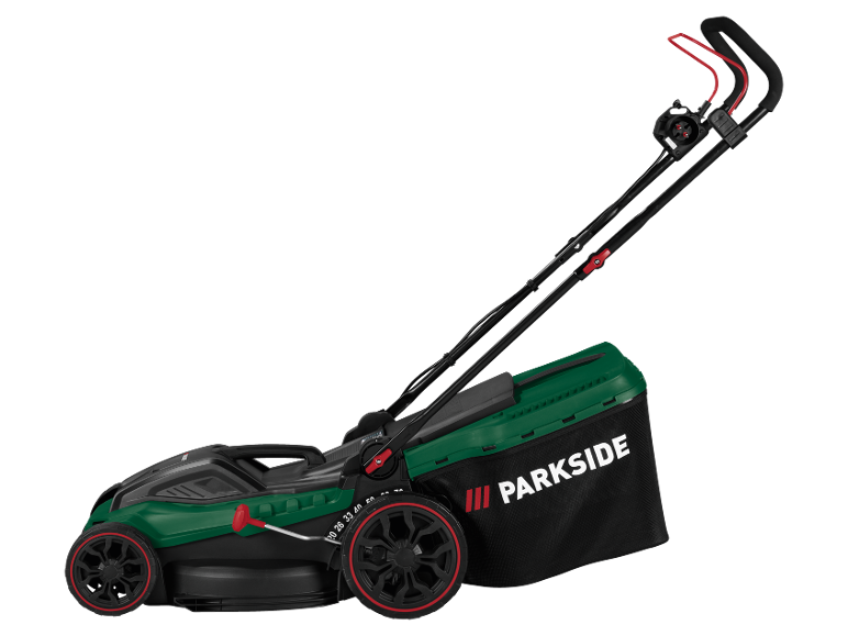 Tosaerba a batteria verde e nero con accenti rossi e sacco di raccolta.