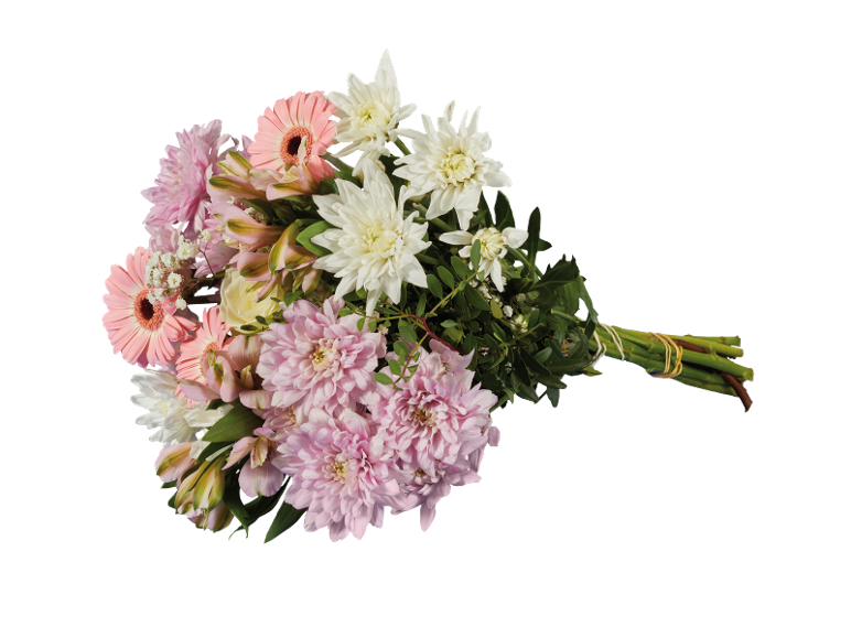 Mazzo di fiori con dalie rosa, gerbere rosa e crisantemi bianchi.