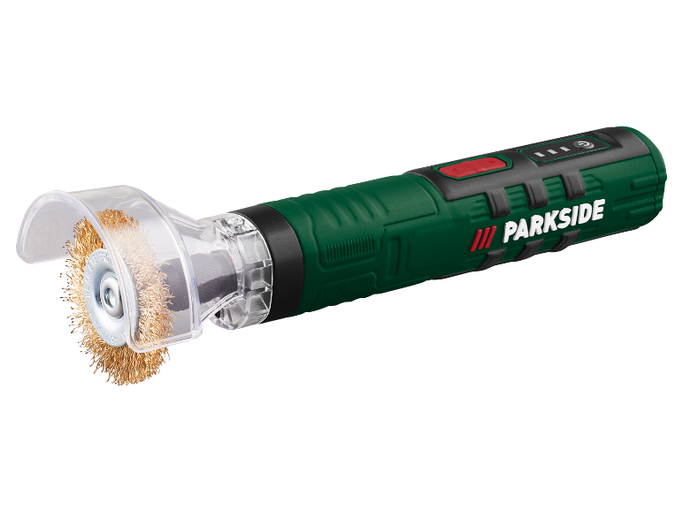 Utensile rotante a batteria con spazzola metallica e protezione trasparente.