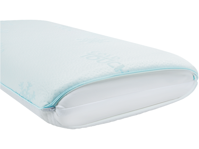 Cuscino rinfrescante con la scritta «COLD TOUCH» su una federa azzurra.
