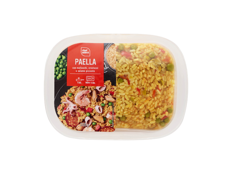Paella pronta con molluschi, crostacei e salame piccante, 300g.