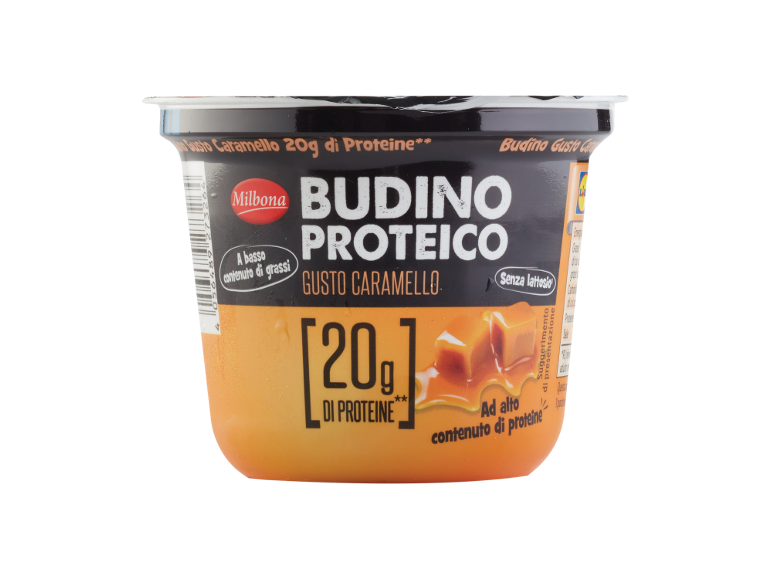 Budino proteico al caramello, 20g di proteine, a basso contenuto di grassi, senza lattosio.
