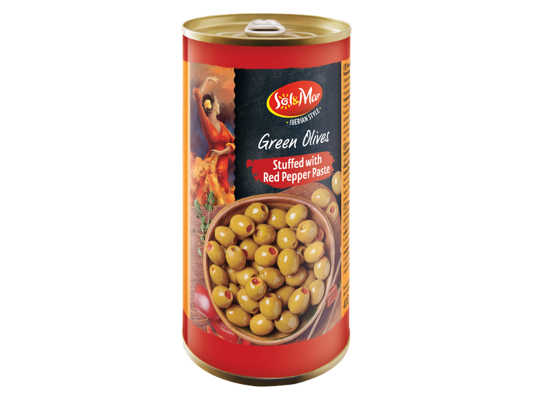 Olive verdi ripiene di pasta di peperoni rossi, in lattina con ballerina spagnola.