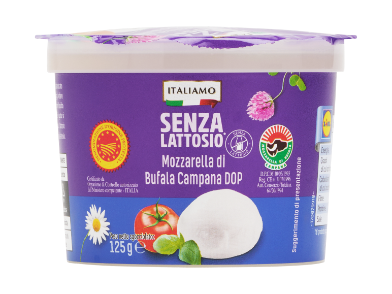 Confezione di mozzarella di bufala senza lattosio con pomodoro e basilico, 125g.
