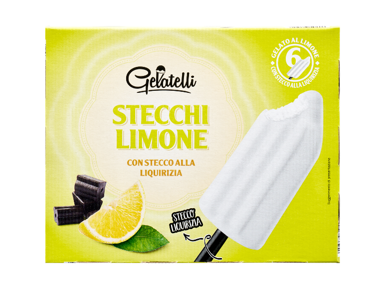 Gelati al limone con stecco alla liquirizia, 6 pezzi.