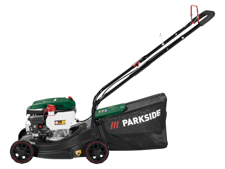 Tosaerba a benzina verde e nero con sacco di raccolta.