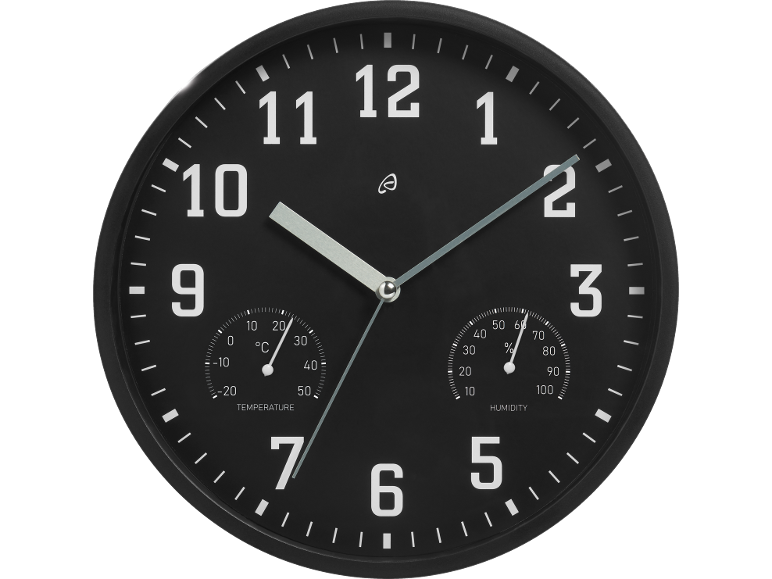 Orologio da parete con termometro e igrometro, segna le 9:50.