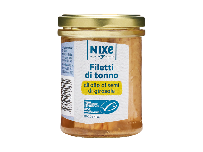 Vasetto di filetti di tonno in olio di semi di girasole, con etichetta di pesca sostenibile.