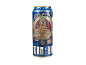 Lattina di birra di frumento con illustrazione di un uomo barbuto in stile steampunk.