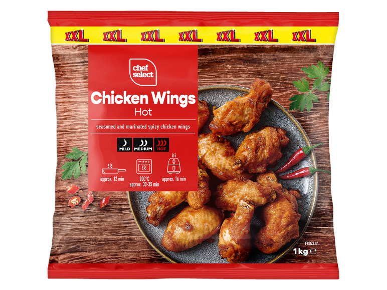 Ali di pollo XXL piccanti surgelate con istruzioni di cottura, 1kg.