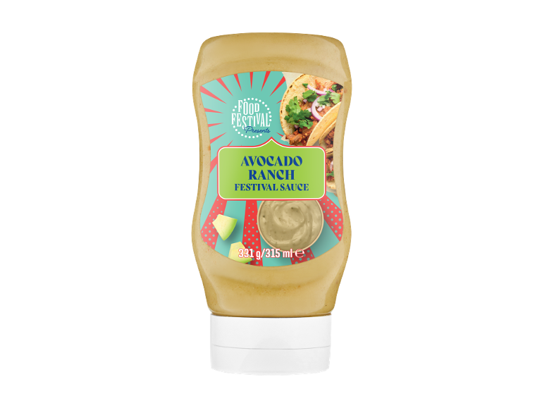 Bottiglia di salsa ranch all'avocado con tacos e pezzi di avocado sull'etichetta.