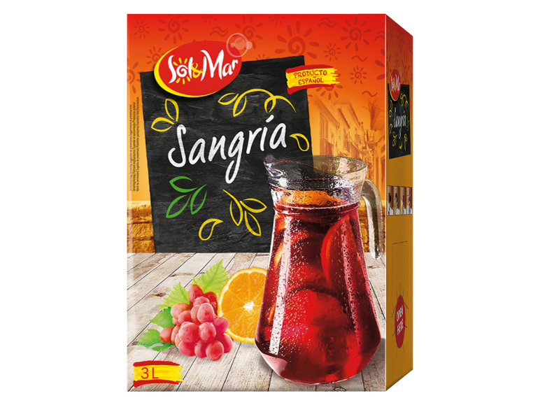 Cartone di sangria da 3L con brocca, uva e arancia, con la scritta 'PRODUCTO ESPAÑOL'.