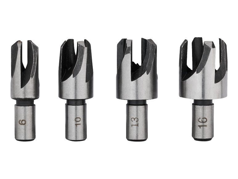 Set di quattro frese per tappi in legno, misure 6, 10, 13 e 16 mm.