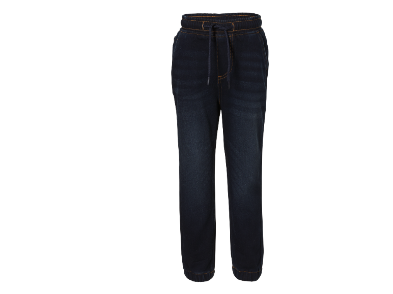 Jeans jogger blu scuro per bambini con coulisse e cuciture a contrasto.