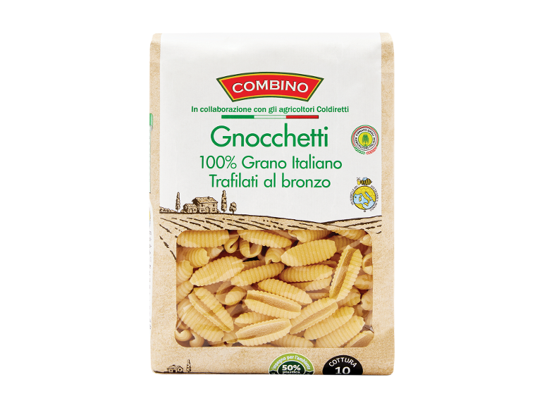 Confezione di gnocchetti di grano 100% italiano, trafilati al bronzo, con finestra trasparente.