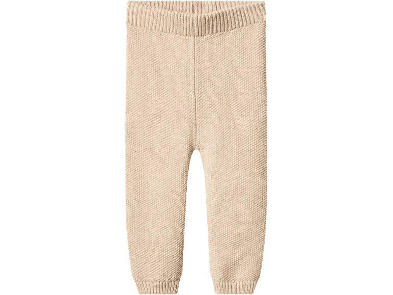 Pantaloni per neonato in maglia beige con vita e polsini a costine.