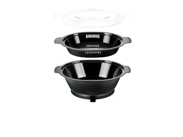 Vaporiera smontata bianca e nera con coperchio, colino e ciotola.