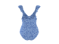 Costume da bagno blu a stampa floreale con spalline arricciate, vista posteriore.