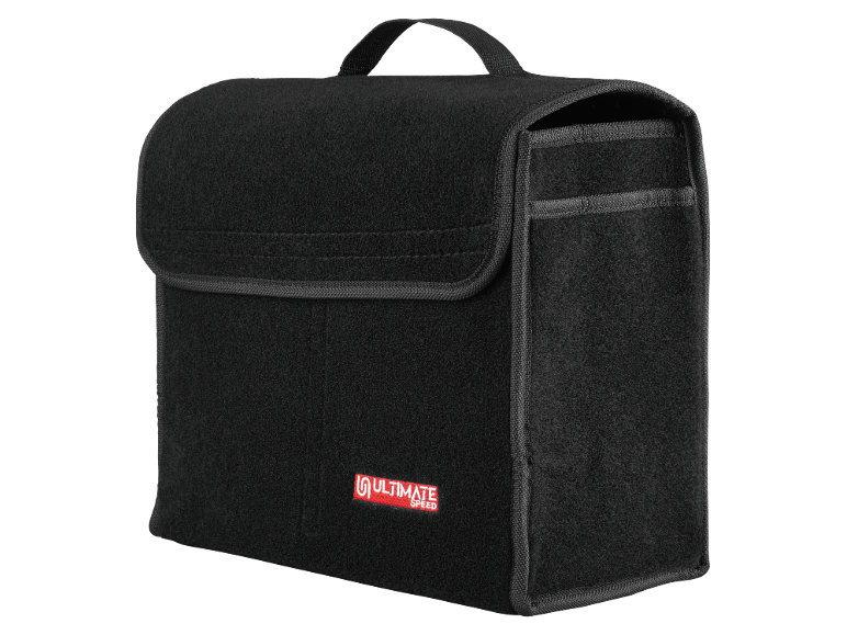 Borsa portaoggetti in feltro nero per auto con logo rosso.