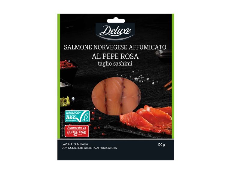 Salmone norvegese affumicato al pepe rosa, taglio sashimi, confezione da 100g.