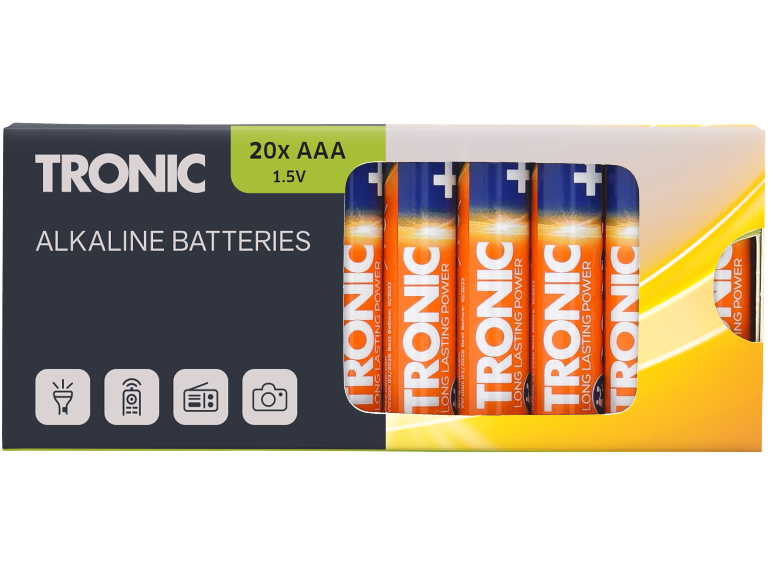 Confezione da 20 batterie alcaline AAA da 1,5V con design arancione e blu.