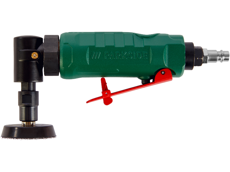 Smerigliatrice angolare pneumatica verde con impugnatura rossa e disco abrasivo nero.