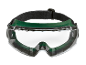 Occhiali di sicurezza con montatura verde e cinturino elastico nero.