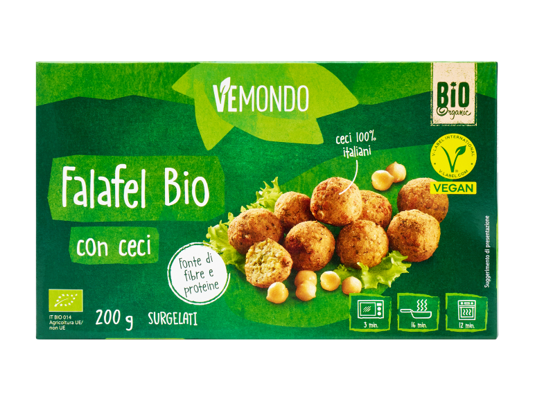 Confezione di falafel biologici con ceci, con informazioni nutrizionali e di cottura.