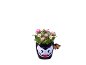 Crisantemi rosa in un vaso nero a tema vampiro.