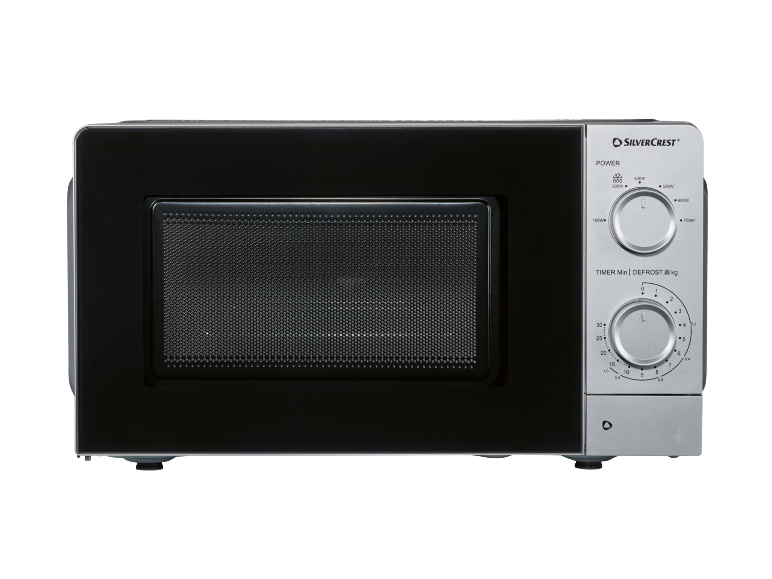 Forno a microonde nero con pannello di controllo argentato e due manopole