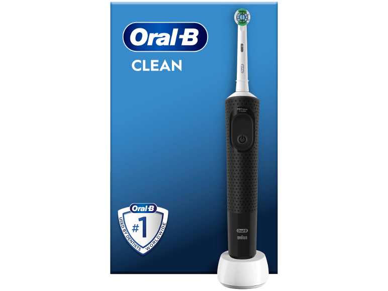 Spazzolino elettrico nero con base di ricarica, con testo 'CLEAN' e '#1 USED BY DENTISTS'.
