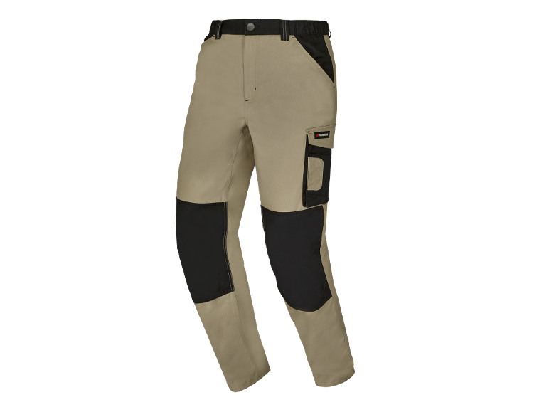 Pantaloni da lavoro beige con rinforzi neri su ginocchia e tasche.