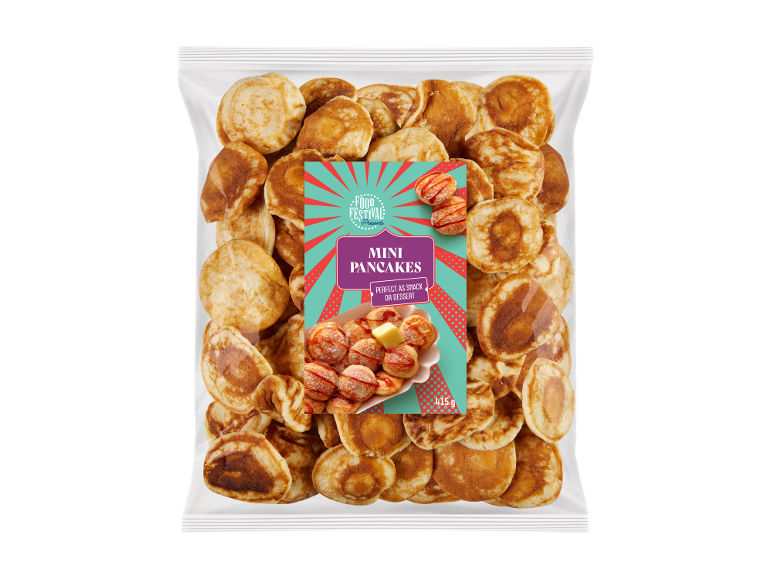 Sacchetto di mini pancake con confezione che mostra pancake con burro e sciroppo, 415 g.