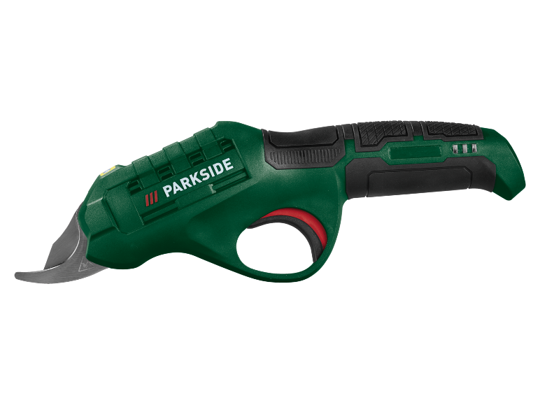 Forbici da potatura elettriche verdi con impugnatura nera e grilletto rosso.