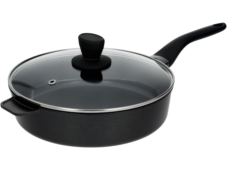 Padella nera con coperchio in vetro e manico ergonomico.