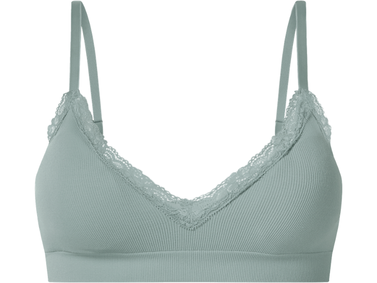 Reggiseno senza cuciture a costine verde chiaro con dettagli in pizzo.