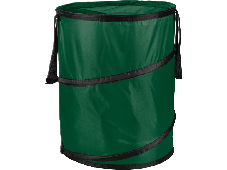 Sacco pieghevole verde per rifiuti da giardino con manici.