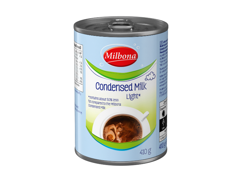 Lattina di latte condensato Light, 410 g, con illustrazione di tazza di caffè.