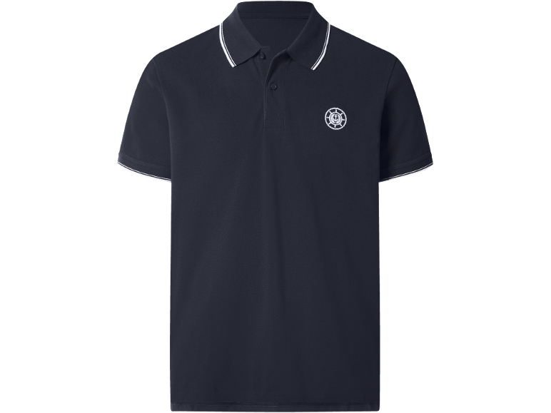 Polo da uomo blu navy con strisce bianche su colletto e maniche, con logo ricamato.