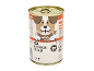 Lattina di cibo per cani adulti con tacchino in salsa, con l'immagine di un cane.