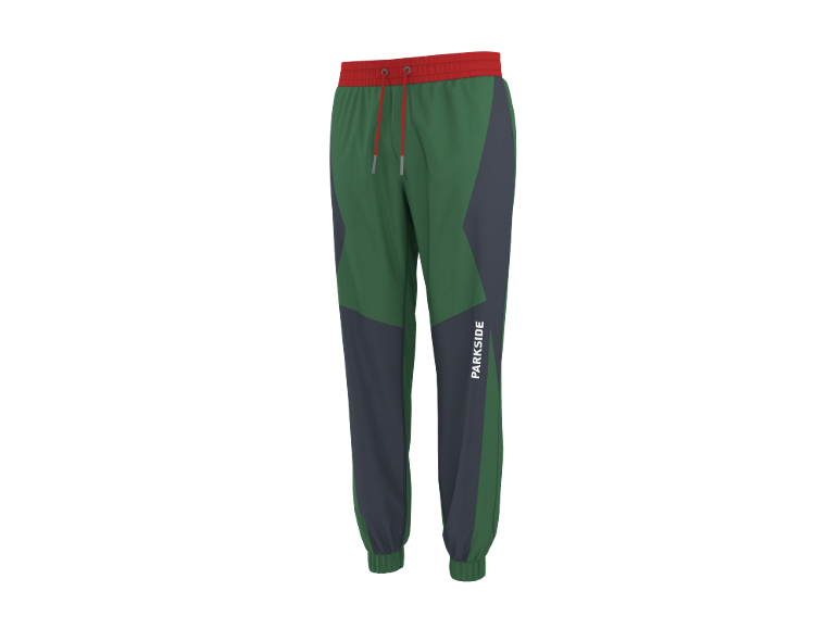 Pantaloni della tuta verdi e grigi con vita rossa e lacci rossi.