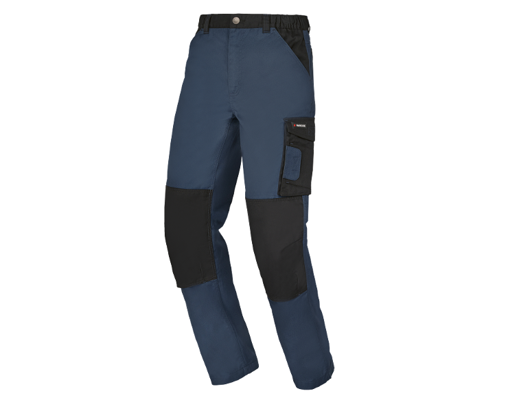 Pantaloni da lavoro blu con rinforzi neri e tasca laterale.