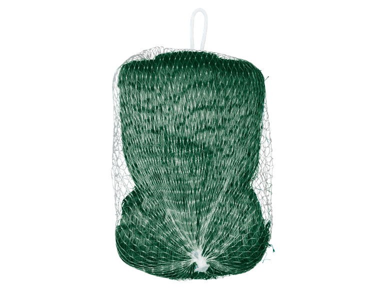 Spugna da bagno a rete verde con manico bianco.