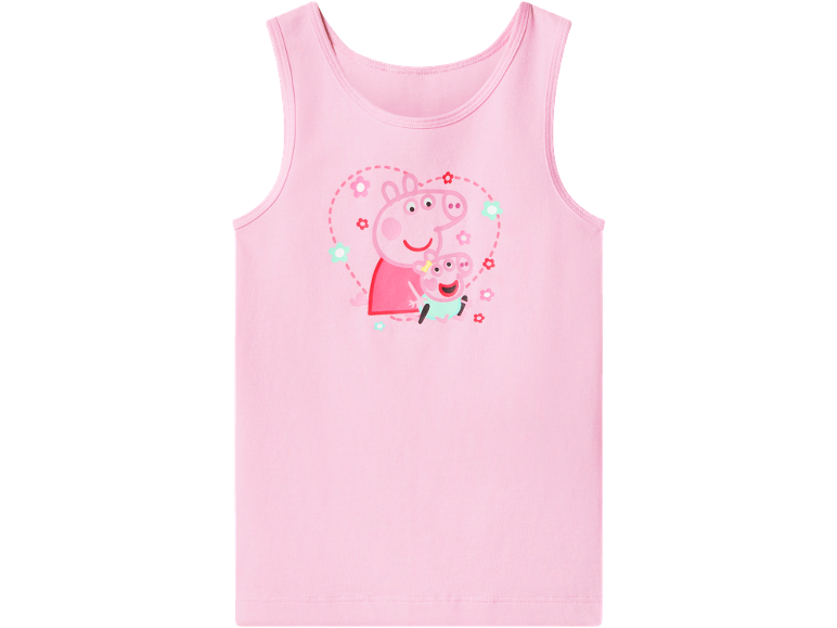 Canotta rosa da bambina con stampa di due maialini e fiori.