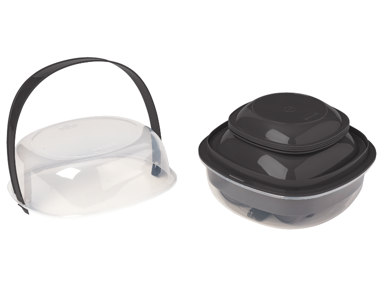 Contenitore trasparente per torte con manico grigio e contenitore grigio per alimenti