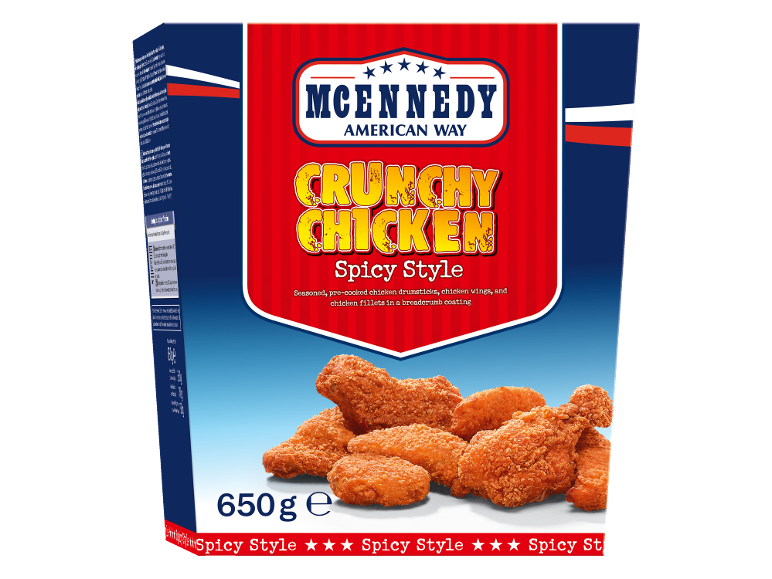 Scatola di pollo croccante stile piccante, con cosce, ali e filetti, 650g.