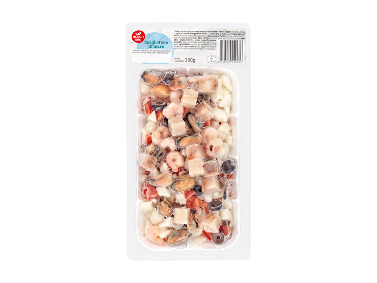 Misto di frutti di mare congelato per spaghetti, con calamari, cozze, gamberi e pesce.