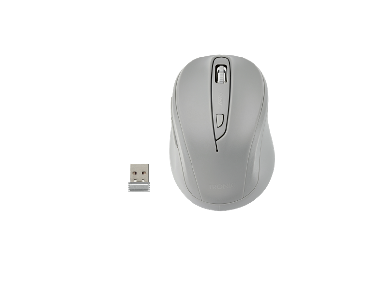Mouse wireless e ricevitore USB, con scocca grigia e la scritta 'TRONIC'.