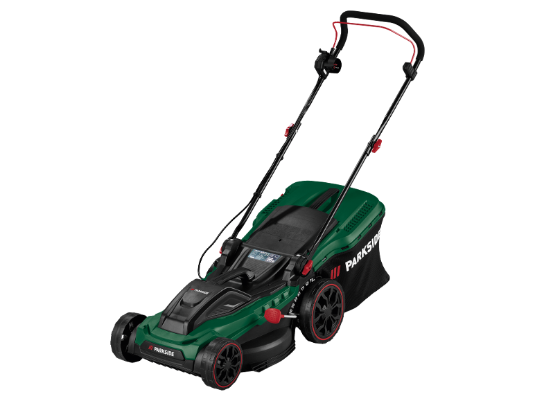 Tosaerba verde con ruote nere e accenti rossi su sfondo nero.