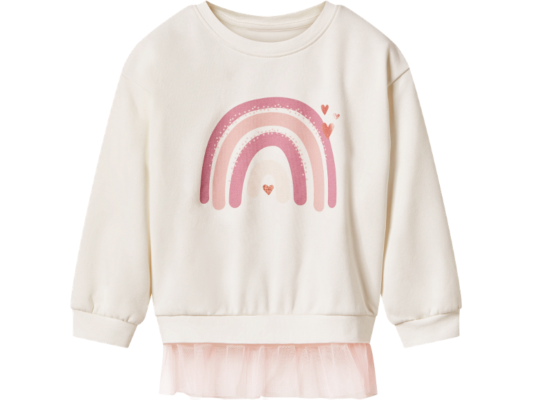 Felpa crema per bambini con arcobaleno rosa e cuori, con balza in tulle.